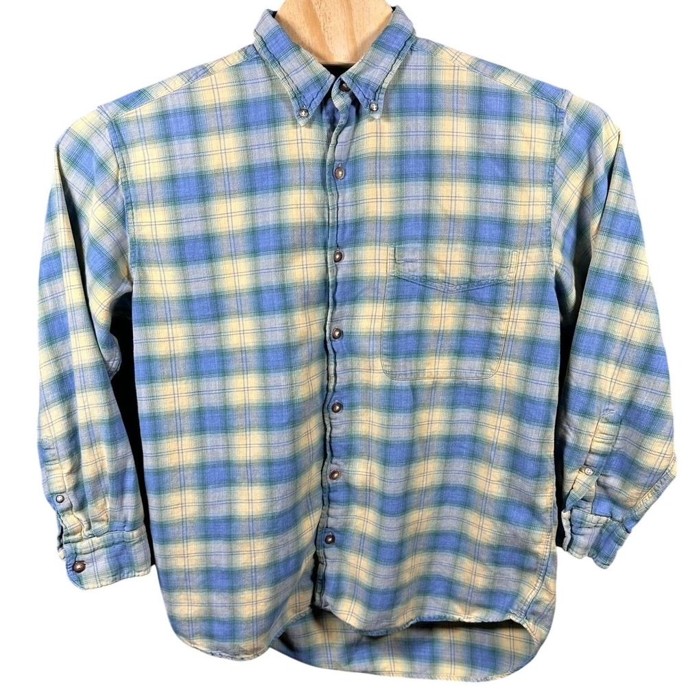 Madison Trader‎ Plaid Flannel Shirt Men Medium Blue Yellow Button Down - Picture 2 of 8